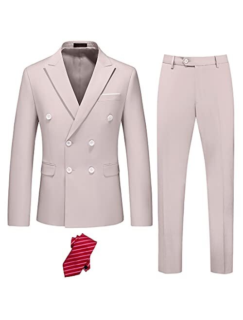 YND Men's Slim Fit 2 Piece Suit, Double Breasted Solid Jacket Pants Set with Tie