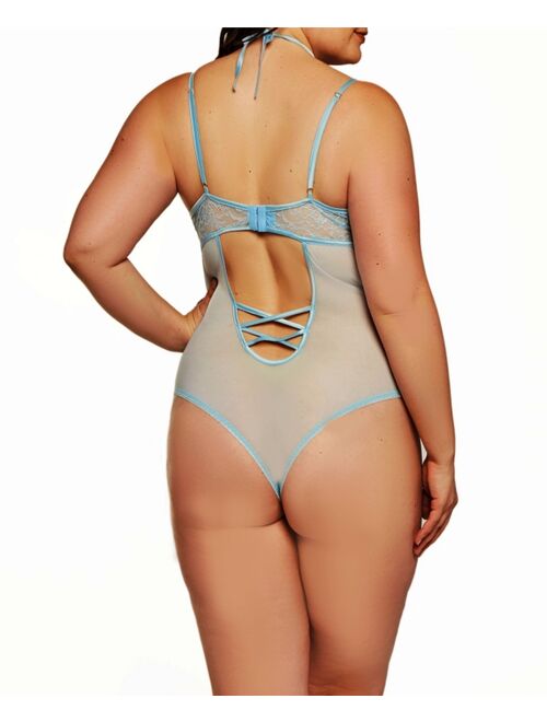 iCollection Jessie Plus Size Elegant Embroidered Lace Up Bodysuit and Removable Choker Set