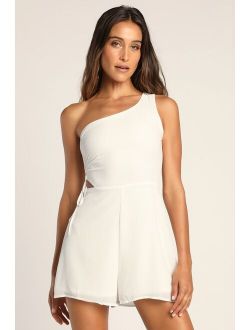 LUSH Made for the Memories Ivory Cutout One-Shoulder Romper