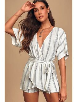 Climb Aboard Grey and White Striped Romper