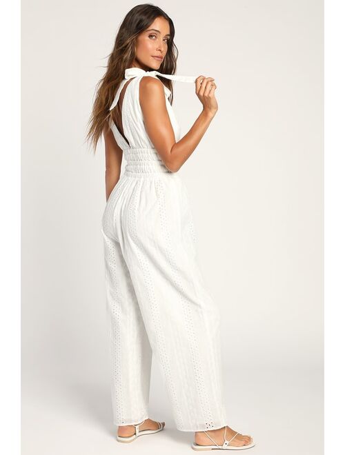 Lulus Running Free White Eyelet Embroidered Tie-Strap Jumpsuit