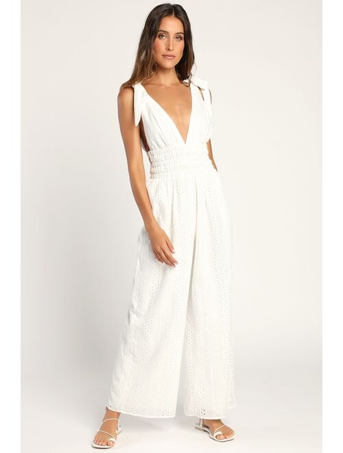 Lulus Running Free White Eyelet Embroidered Tie-Strap Jumpsuit