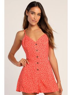 Get Confident Red Floral Print Sleeveless Button-Up Romper