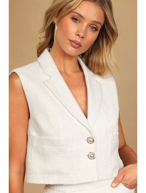 Lulus Perfect Company Ivory Tweed Sleeveless Cropped Blazer