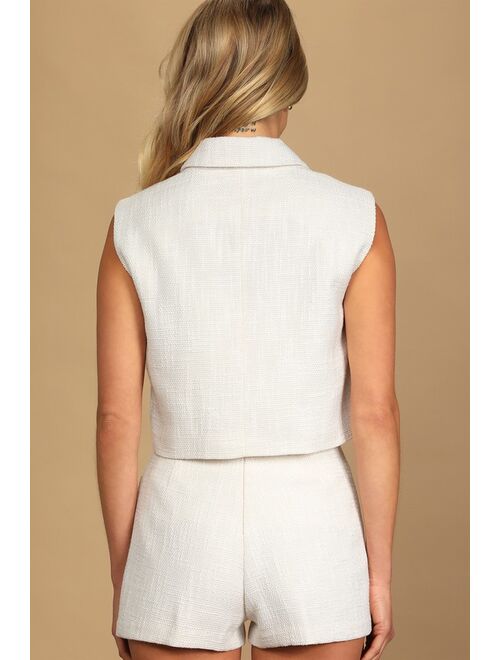 Lulus Perfect Company Ivory Tweed Sleeveless Cropped Blazer