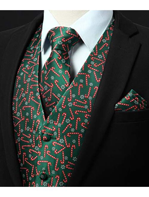 HISDERN Men's Suit Vest Christmas Holiday Season Party Jacquard Waistcoats Necktie Pocket Square Vest Suit Set