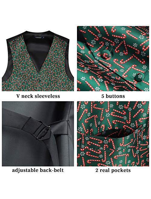 HISDERN Men's Suit Vest Christmas Holiday Season Party Jacquard Waistcoats Necktie Pocket Square Vest Suit Set