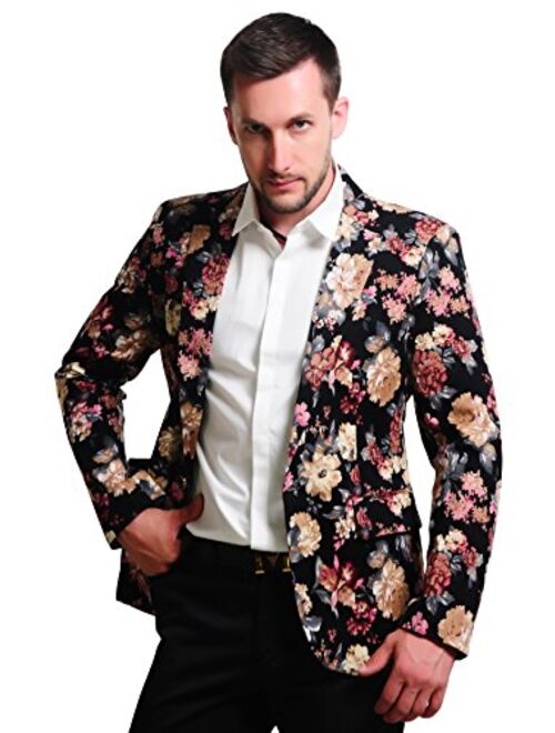 MOGU Mens 1 Button Floral Cotton Blazer Sport Coat Jacket