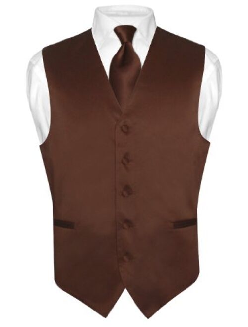 Vesuvio Napoli Men's Dress Vest & NeckTie Solid CHOCOLATE BROWN Color Neck Tie Set for Suit Tux