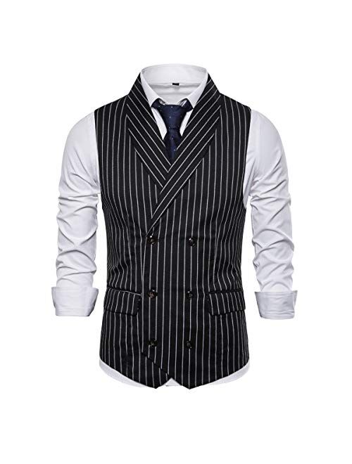 Cloudstyle Mens Pinstripe Vest Slim Fit Formal Dress Vest Double-Breasted Business Vest