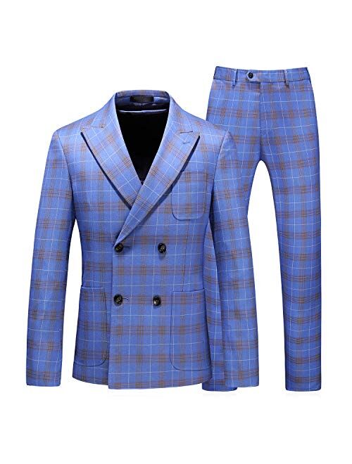 Buy MOGU Mens 3 Piece Double Breasted Plaid Suit Slim Fit Tuxedo for ...