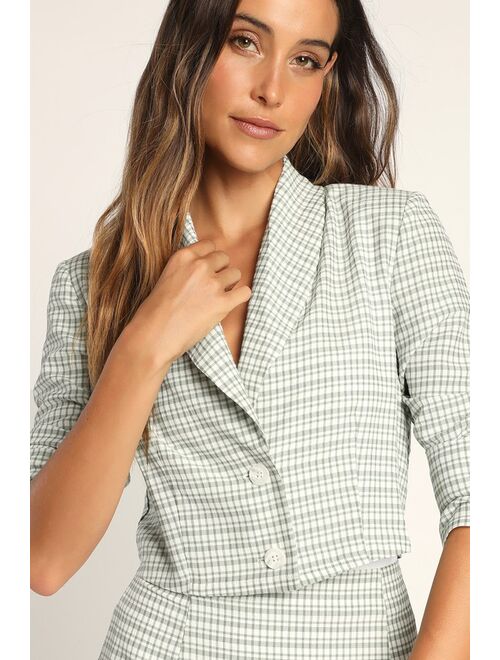 Lulus Clue In to Chic Sage Green Gingham Cropped Blazer