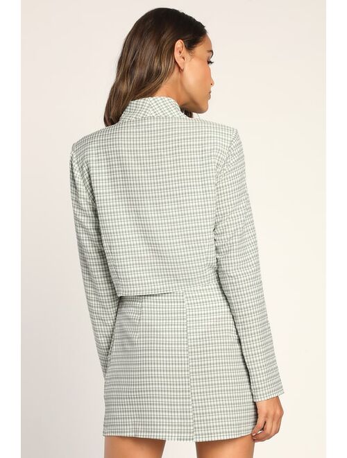 Lulus Clue In to Chic Sage Green Gingham Cropped Blazer