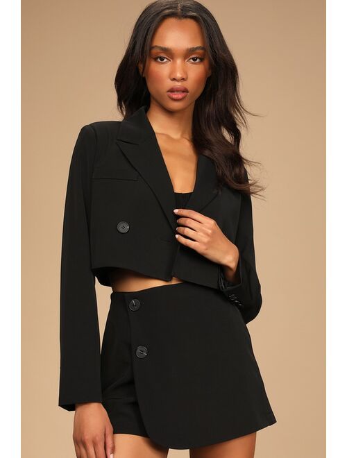 Lulus Suit 'Em Up Black Double-Breasted Cropped Blazer