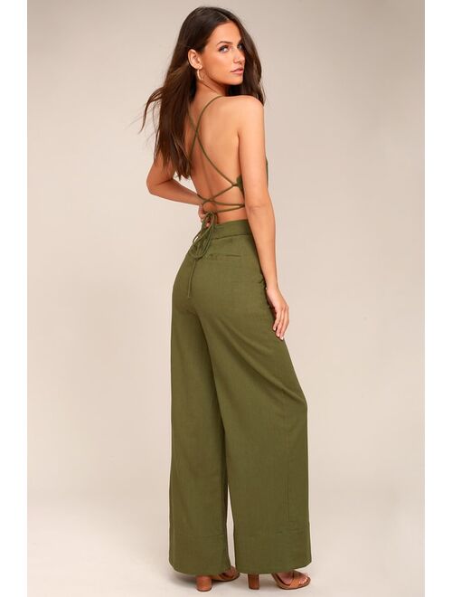 Lulus Beach Day Olive Green Backless Jumpsuit