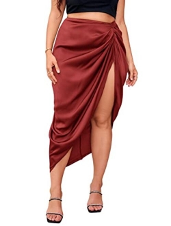 Women's Plus Asymmetrical Side Split High Waist Midi Ruched Satin Skirt