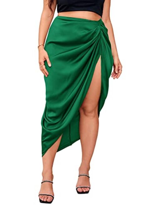 SheIn Women's Plus Asymmetrical Side Split High Waist Midi Ruched Satin Skirt