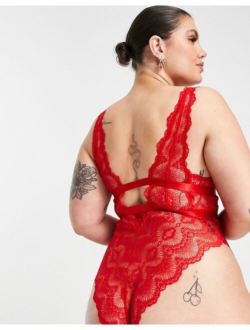 ASOS Curve ASOS DESIGN Curve Rosie lace soft bodysuit in hot red