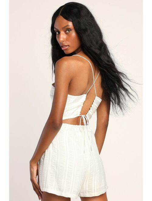 Lulus Soulmate Story Ivory Textured Striped Lace-Up Romper