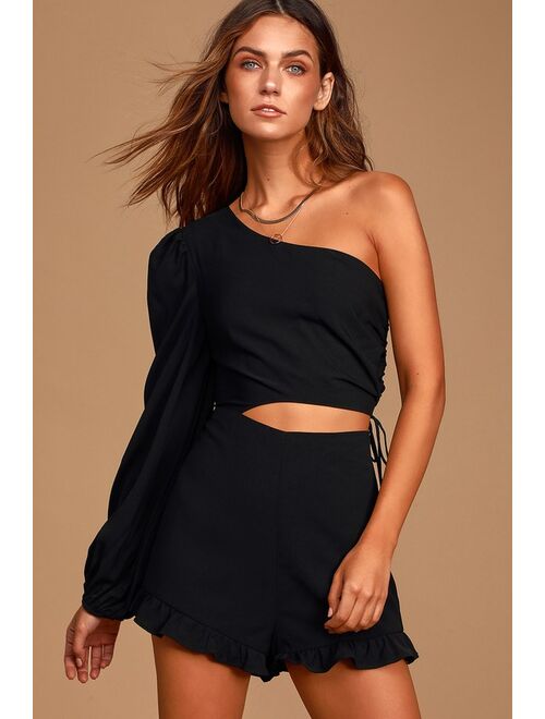 Lulus Dream Plans Black One-Shoulder Cutout Romper