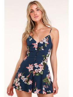 Always Abloom Navy Blue Floral Print Button Front Swing Romper