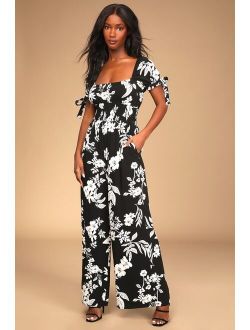 Night and Day Black Floral Print Short Sleeve Wide Leg Jumpsuit