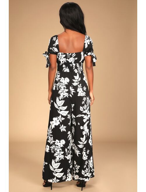 Lulus Night and Day Black Floral Print Short Sleeve Wide Leg Jumpsuit