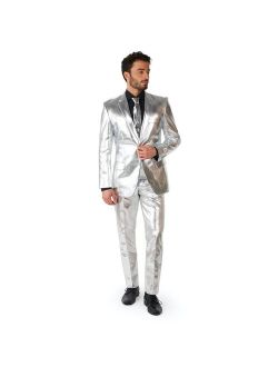 Shiny Silver Slim-Fit Novelty Party Suit & Tie Set