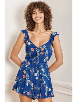 Frills Forever Blue Floral Print Cutout Ruffled Romper