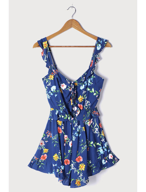 Lulus Frills Forever Blue Floral Print Cutout Ruffled Romper