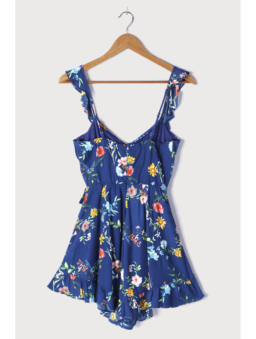 Lulus Frills Forever Blue Floral Print Cutout Ruffled Romper