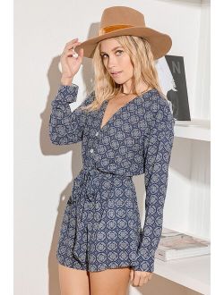 Seaside Vacation Navy Blue Print Button-Front Romper