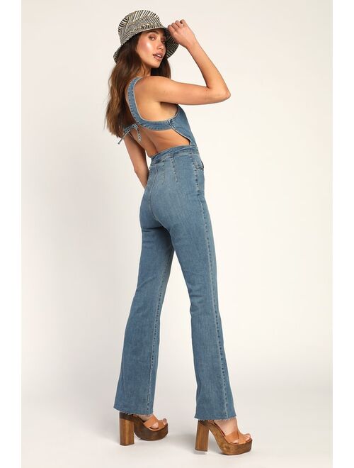 Free People CRVY 2nd Ave Medium Wash Denim Zip-Front Backless Jumpsuit
