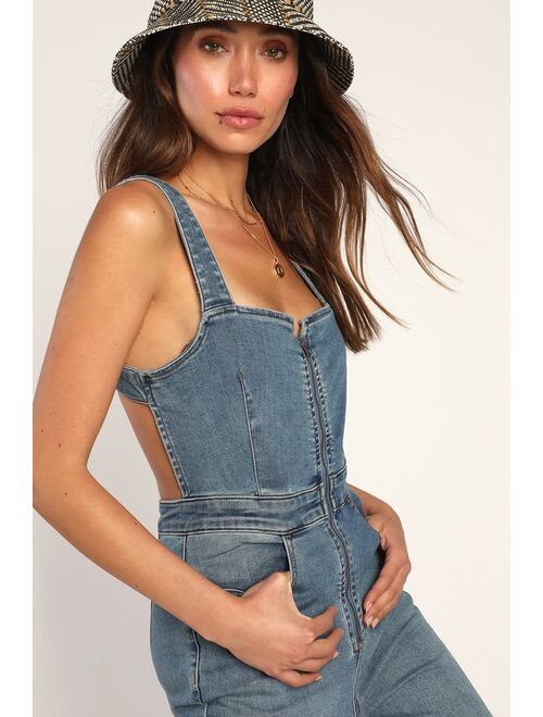 Free People CRVY 2nd Ave Medium Wash Denim Zip-Front Backless Jumpsuit