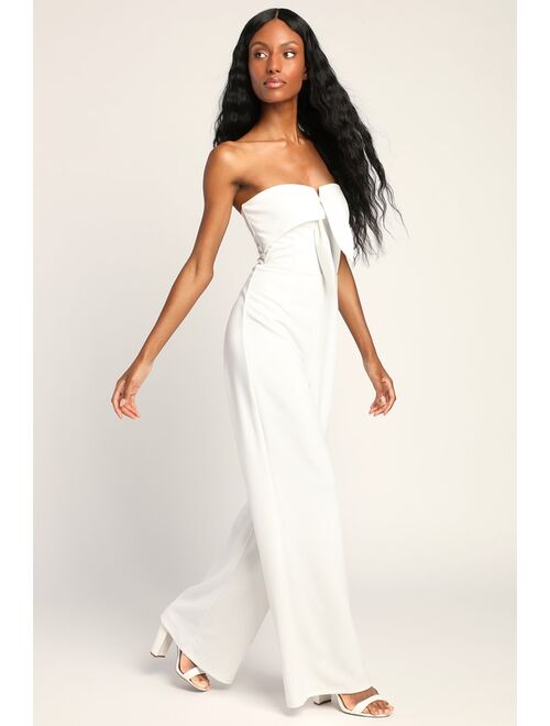 Lulus Ready to Impress White Strapless Tie-Front Wide-Leg Jumpsuit