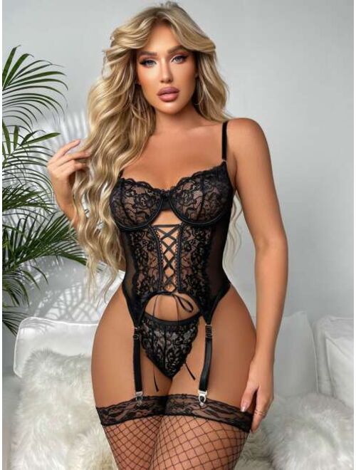 Shein 4pack Contrast Lace Lace-up Front Underwire Lingerie Set