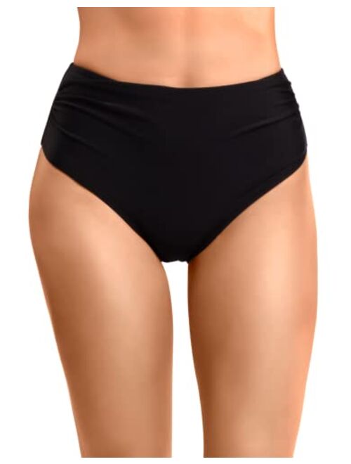 Beautikini Women's Black High Waisted Bikini Bottoms Retro Basic Full Coverage Tankini Swimsuit Mid Waist Bathing Suit Bottom