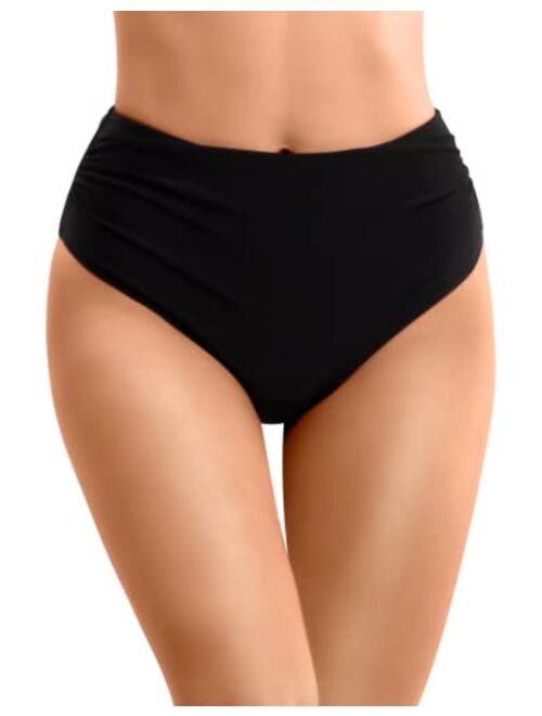 Beautikini Women's Black High Waisted Bikini Bottoms Retro Basic Full Coverage Tankini Swimsuit Mid Waist Bathing Suit Bottom