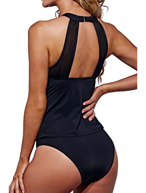 Beautikini Women Tankini Swimsuits, High Neck Tummy Control Swimwear Two Piece Mesh Bathing Suits for Women