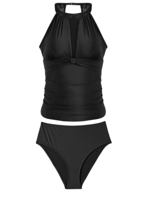 Beautikini Women Tankini Swimsuits, High Neck Tummy Control Swimwear Two Piece Mesh Bathing Suits for Women
