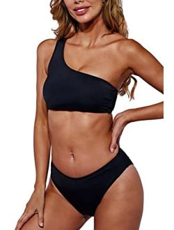 Beautikini One Shoulder Bikini Swimsuits, Black Bikini Top with Bottom Crop Top Two Piece Swimsuit for Women