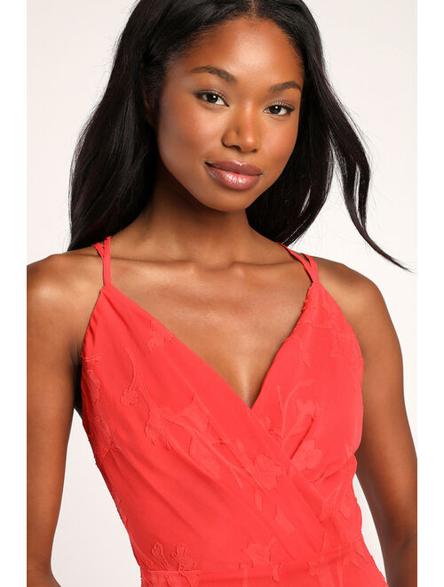 Lulus Rush to Romance Coral Burnout Floral Sleeveless Romper