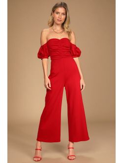 Impress Release Red Off-the-Shoulder Puff Sleeve Jumpsuit