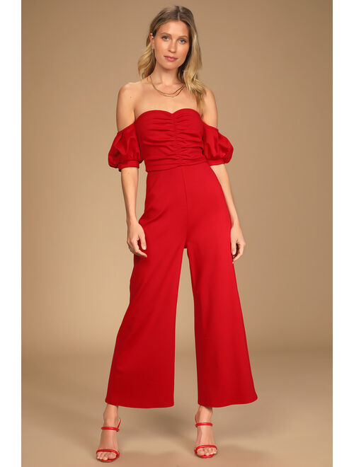 Lulus Impress Release Red Off-the-Shoulder Puff Sleeve Jumpsuit