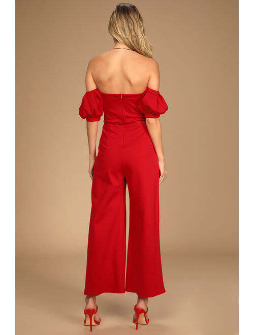 Lulus Impress Release Red Off-the-Shoulder Puff Sleeve Jumpsuit