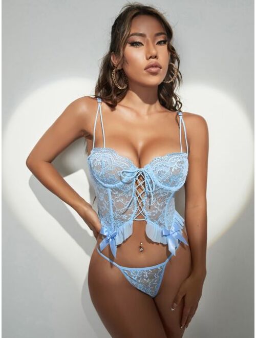 Shein Lace Up Front Ruffle Trim Bow Front Lace Lingerie Set