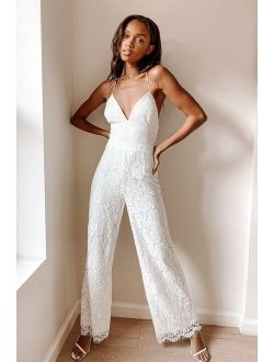 All About Tonight White Lace Wide-Leg Lace-Up Jumpsuit