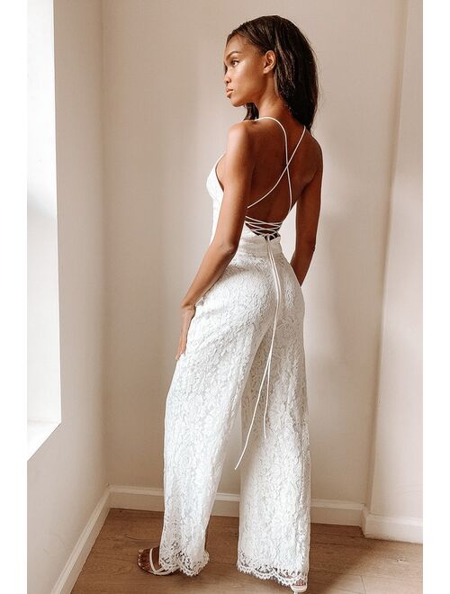 Lulus All About Tonight White Lace Wide-Leg Lace-Up Jumpsuit