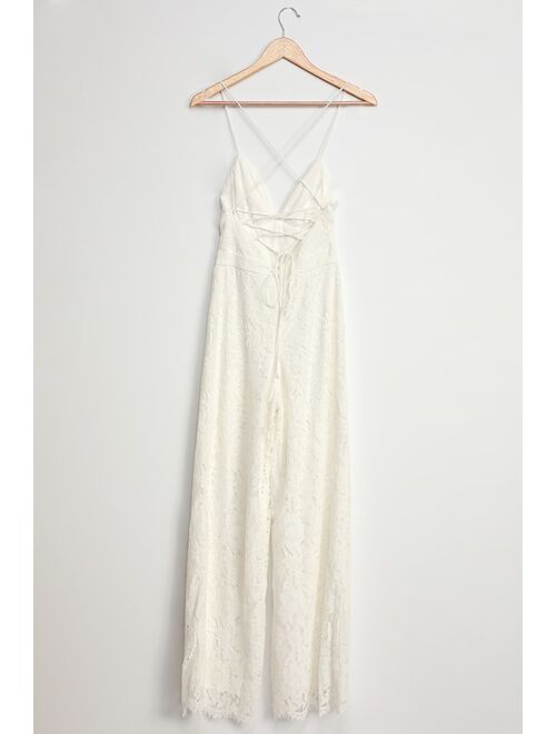 Lulus All About Tonight White Lace Wide-Leg Lace-Up Jumpsuit