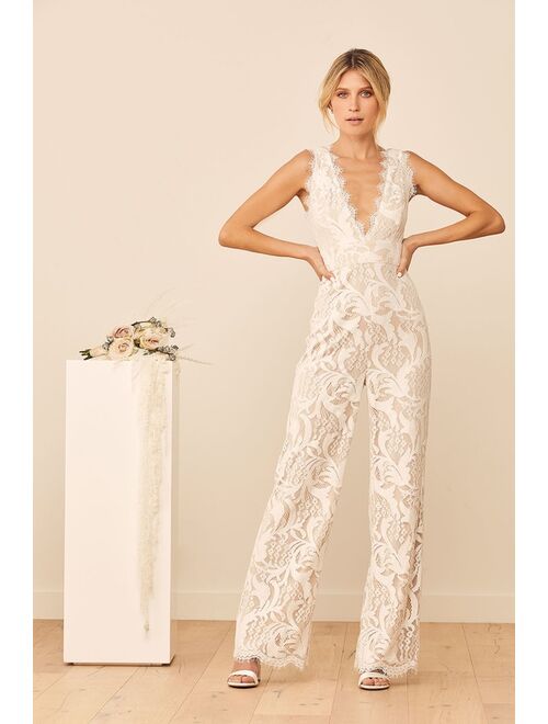 Lulus Enamored With You White Lace Wide-Leg Jumpsuit